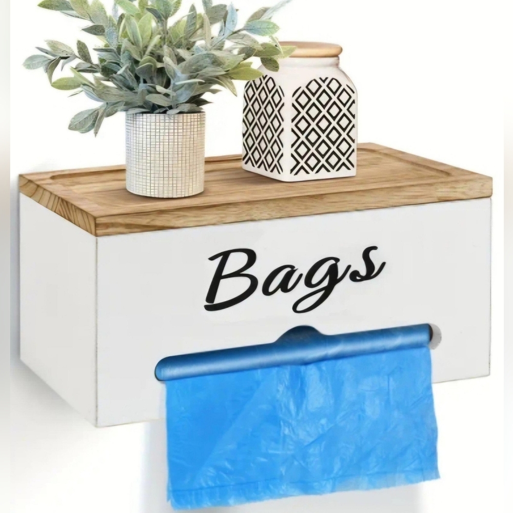 Trash Bag Holder {Wooden} w/ Hinged Lid & Wall Mount - NEW IN BOX